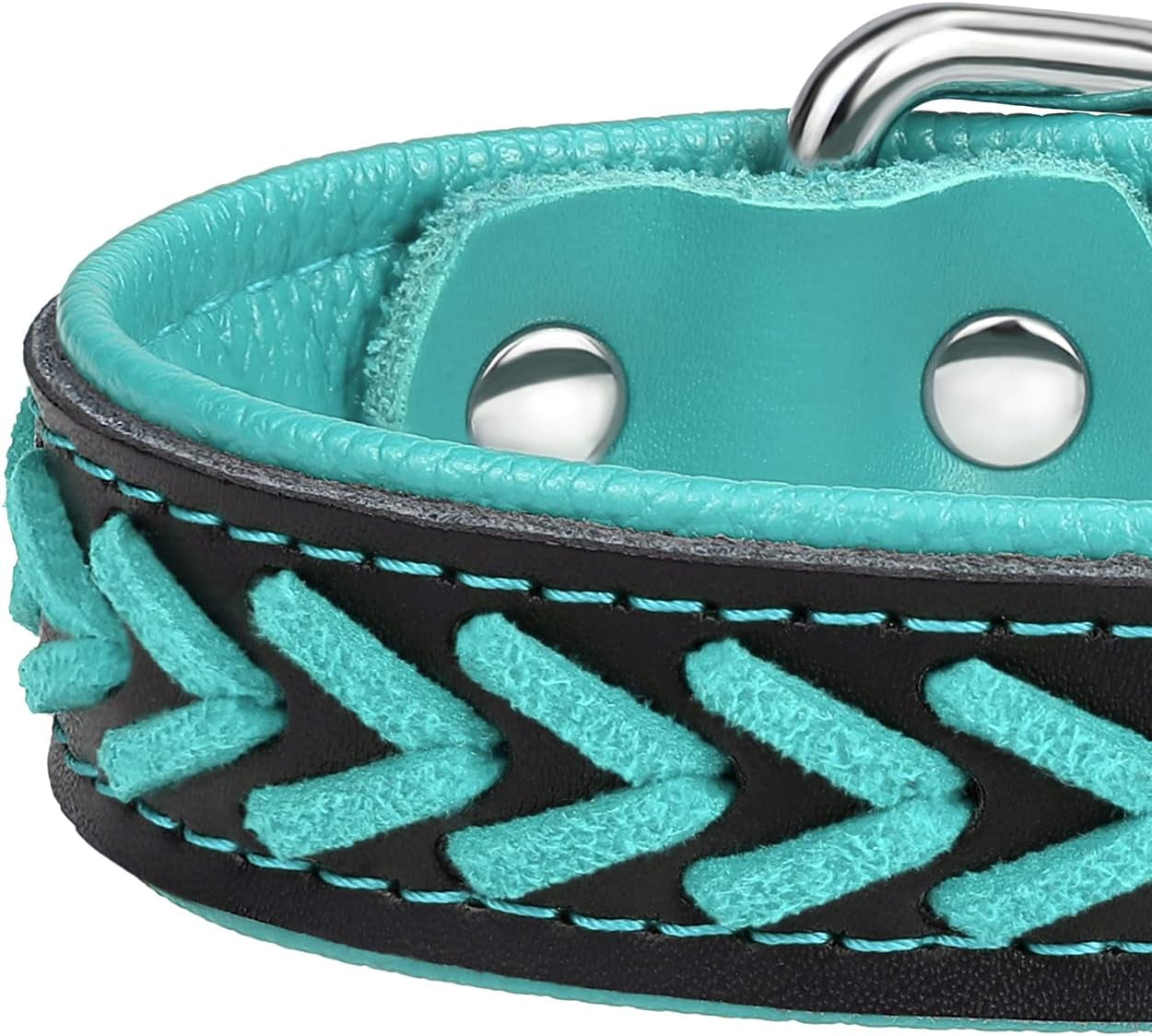 Leather Dog Collar for Puppy, Stylish Braided Padded Dog Collars with Double D-Rings for Girl and Boy Dog, Teal Blue XS