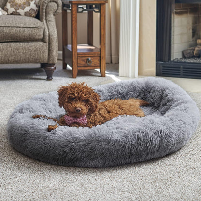 Calming Pet Bed for Dogs and Cats - Plush Self Warming round anti Anxiety Dog Bed Donut (Grey, Medium)