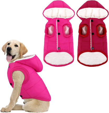 2 Pieces Fleece Lined Warm Dog Jacket Warm Dog Hoodie Puppy Coats with Hooded Cold Weather Pet Apparel Clothes for Puppy Winter Cold Weather, Large (Pink, Red)