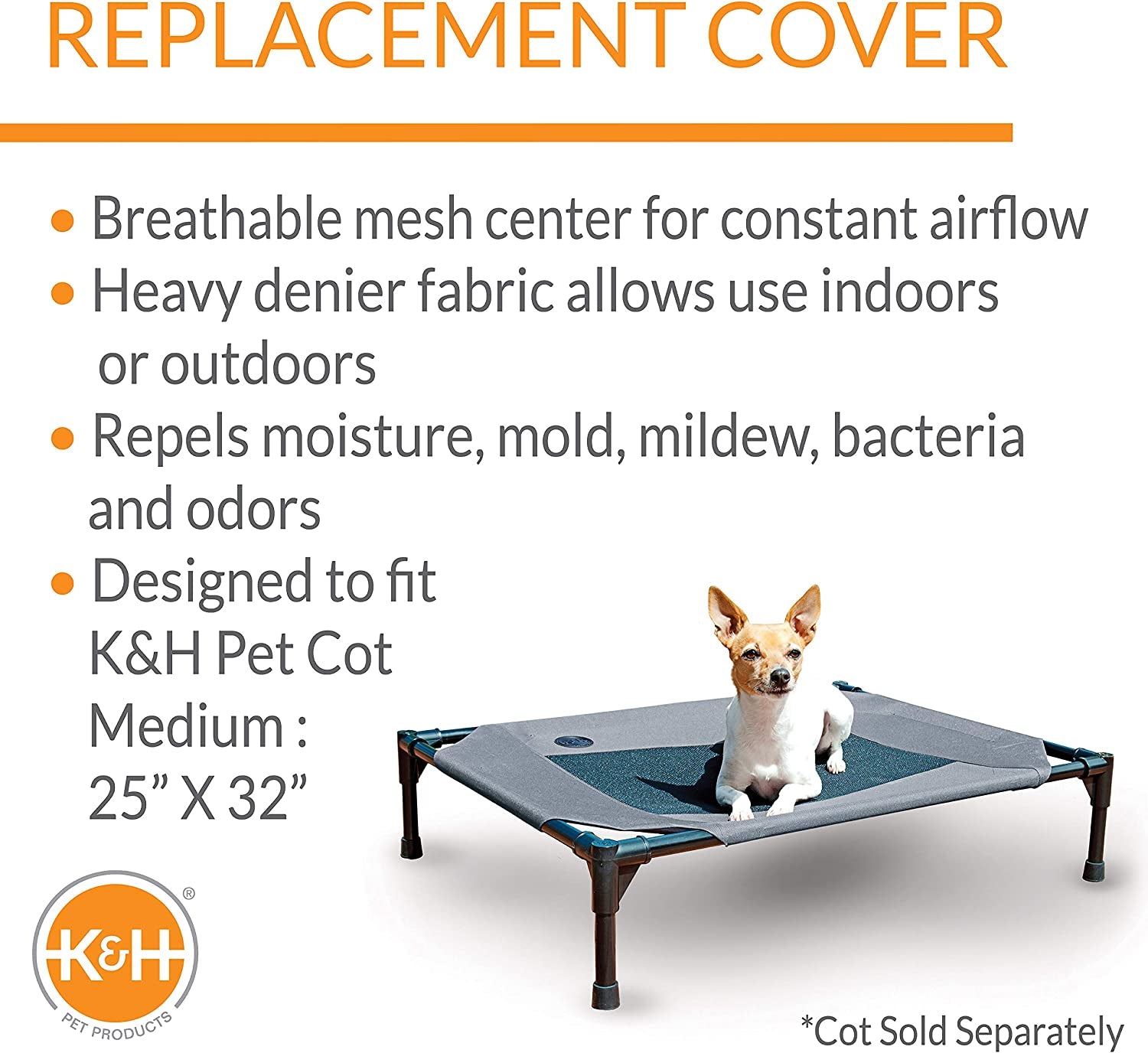 Dog Cot Replacement Cover, Designed to Fit K&H Medium Pet Cots (Sold Separately), Indoor Outdoor, Breathable Cooling Mesh Center, Machine Washable - Medium 32 X 25In Gray