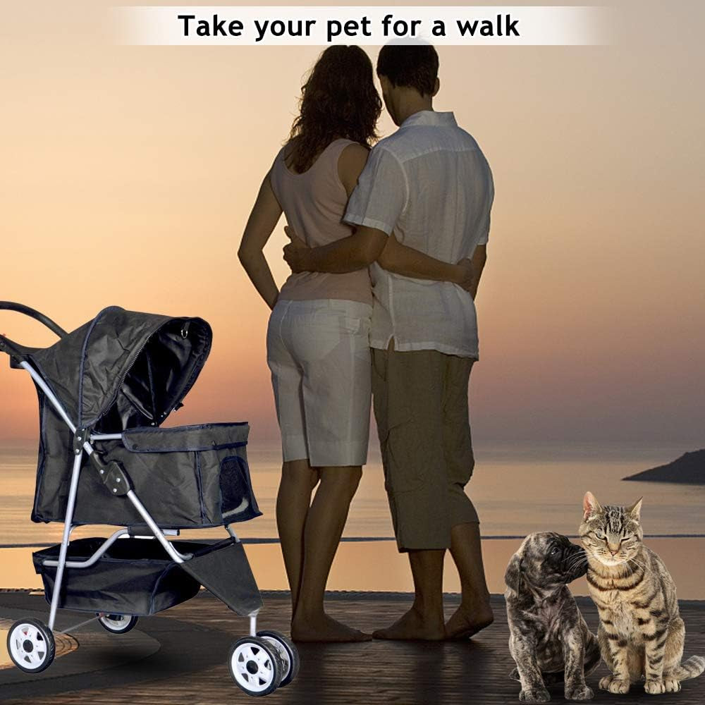 Pet Stroller Jogger Cat Dog Cage 3 Wheels Stroller Travel Folding Carrier Strolling Cart with Cup Holders and Removable Liner 35Lbs Capacity Large Doggie Stroller for Small-Medium Dogs, Cats Black