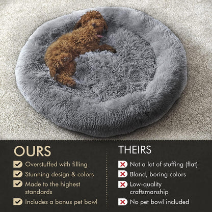 Calming Pet Bed for Dogs and Cats - Plush Self Warming round anti Anxiety Dog Bed Donut (Grey, Medium)