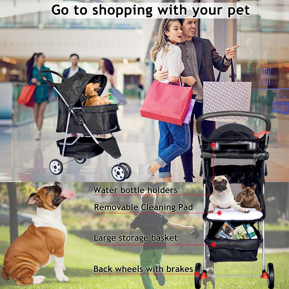 Pet Stroller Jogger Cat Dog Cage 3 Wheels Stroller Travel Folding Carrier Strolling Cart with Cup Holders and Removable Liner 35Lbs Capacity Large Doggie Stroller for Small-Medium Dogs, Cats Black